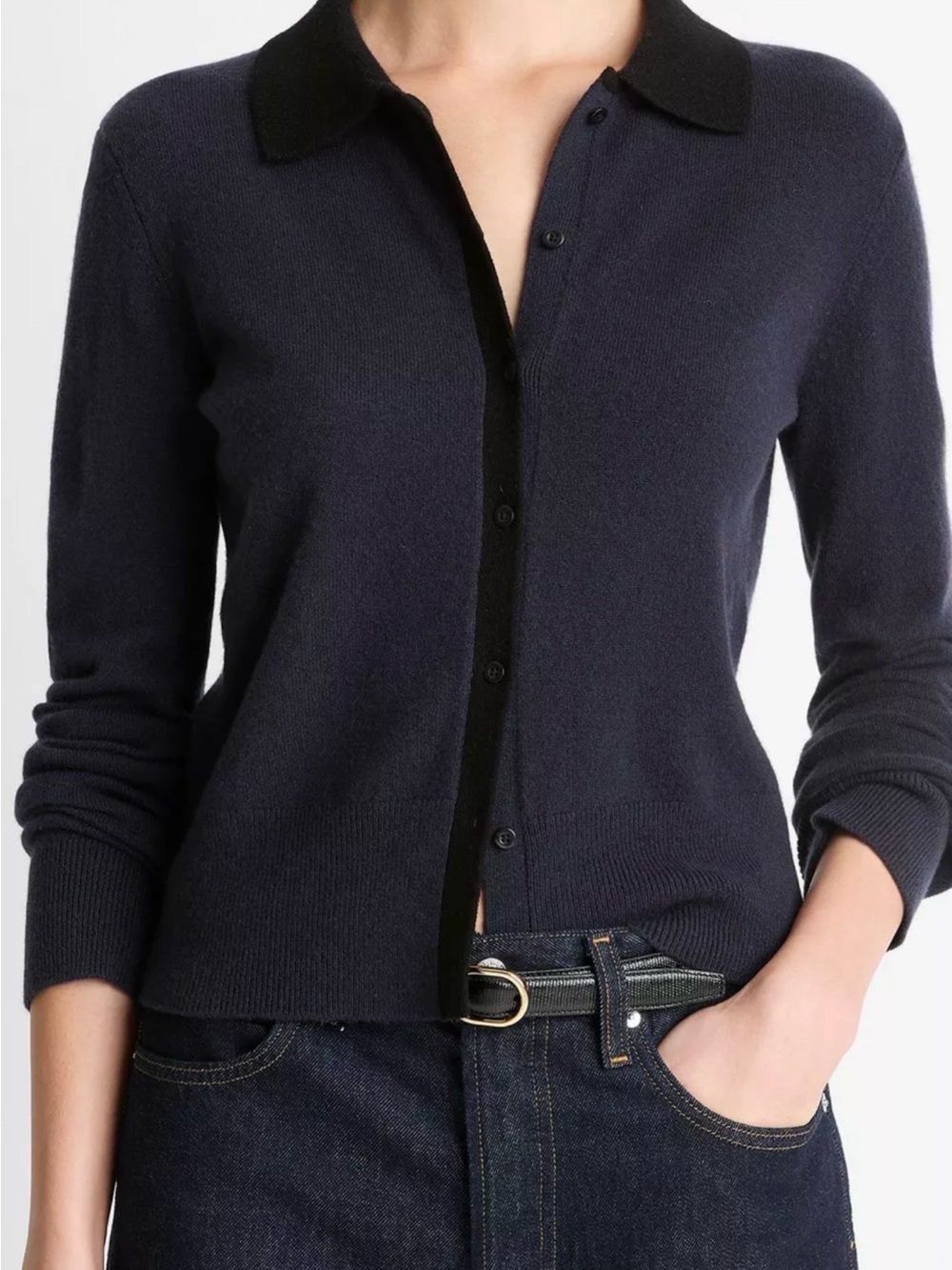 Vince wool and cashmere Navy Cardigan with Black Collar